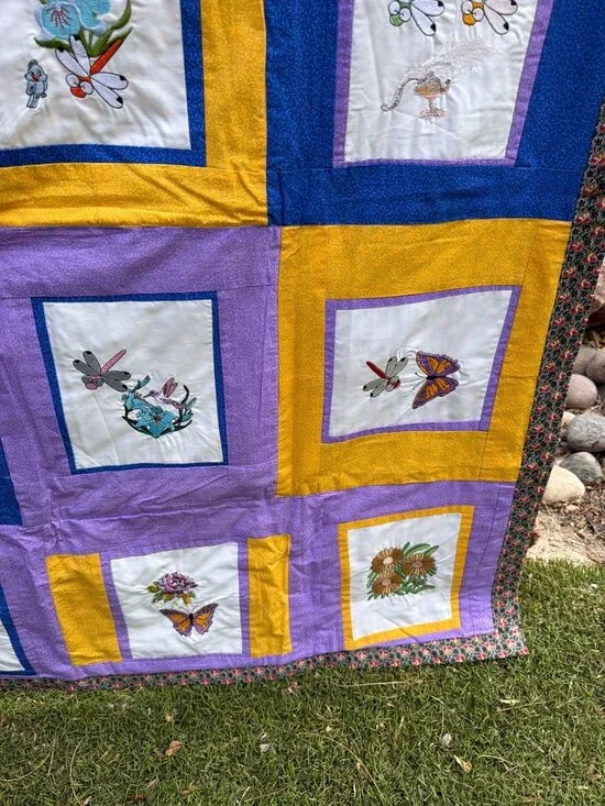 Vintage Hand Embroidered Quilt Throw Floral Butterfly Patchwork 47 x 45 - Picture 5 of 13